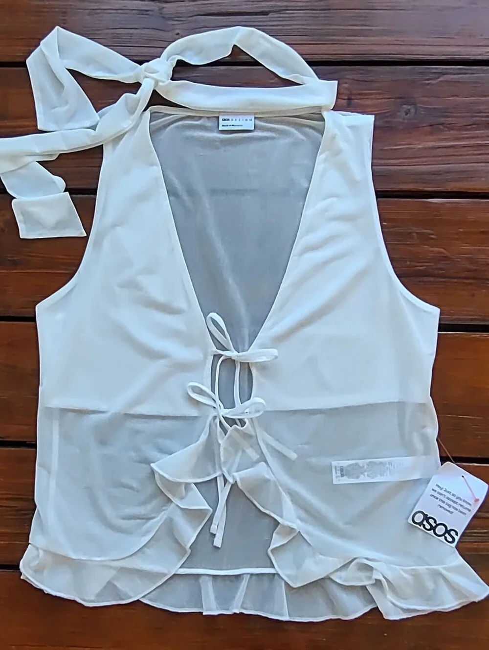ASOS Design Ivory Ruffle Vest Top w/ Scarf Tie-Front Sz Medium Romantic Glam - Picture 5 of 7